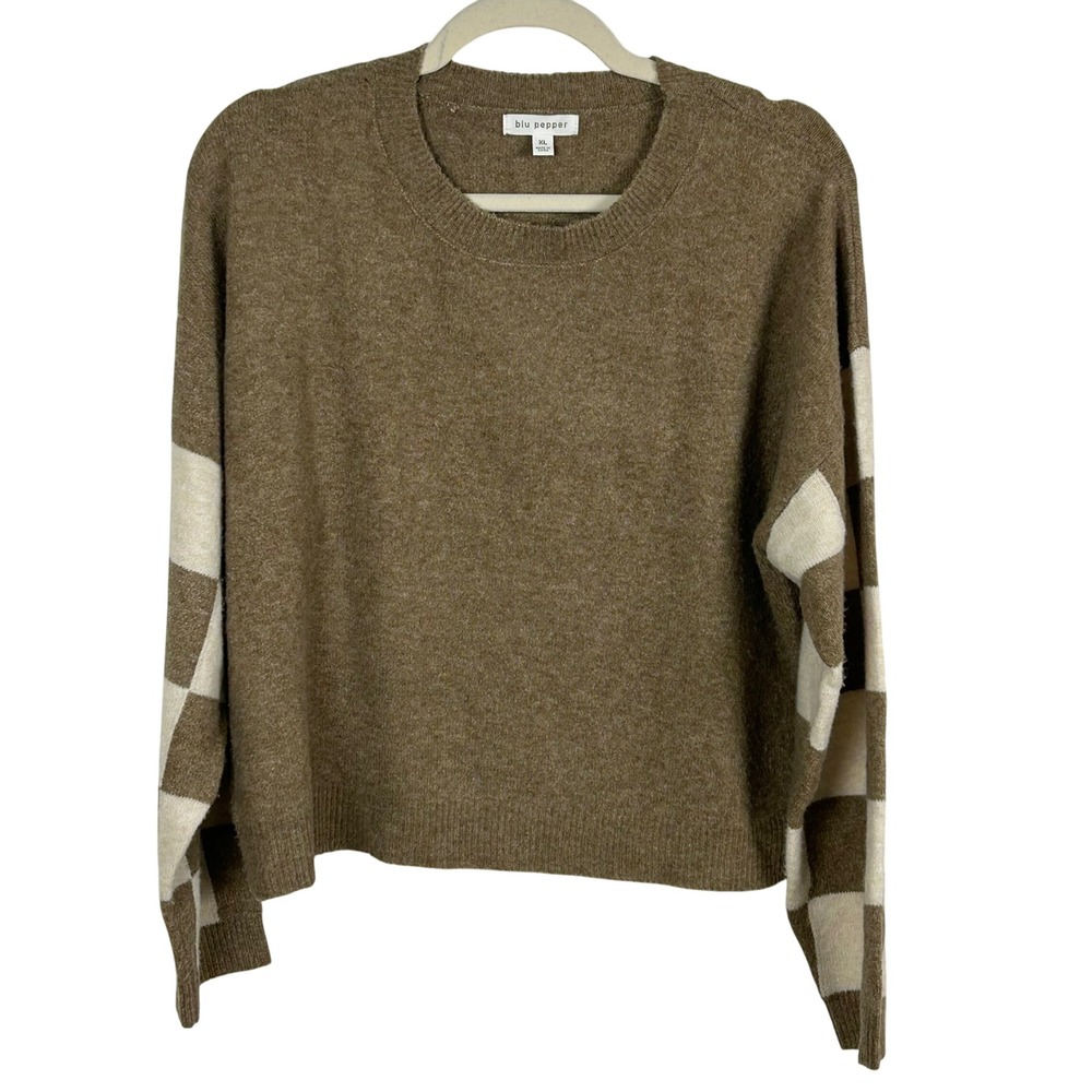 Blu Pepper Tan Sweater XL Checkerboard‎ Sleeve Cropped Cozy Knit Top